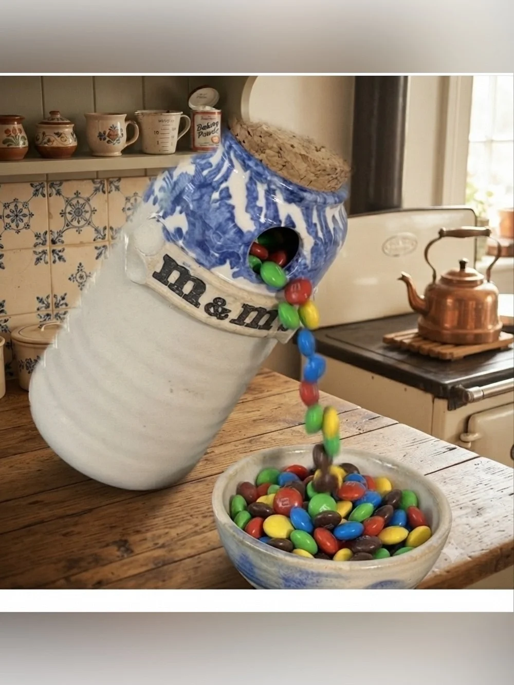 Neher Pottery M&M CANDY DISPENSER Jar w/ Cork Lid, 6”h